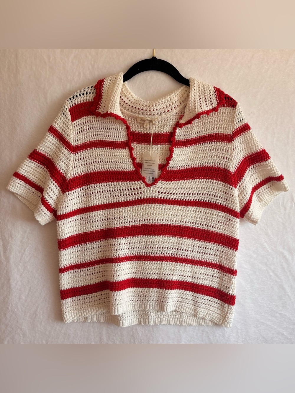 ❤️ Mystree Striped Crochet Polo – Women’s Large – Red & Ivory – NWT